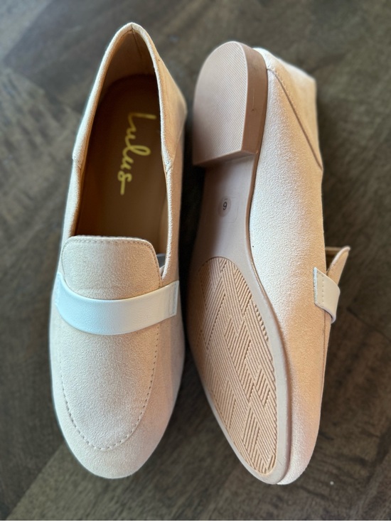 Lulus Shoes - Lulu's Tan Suede Loafers with White Accent Strap